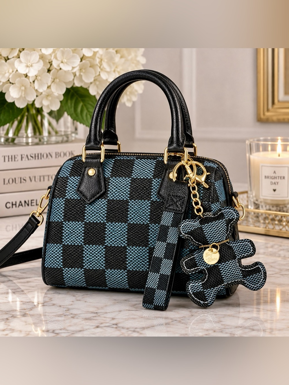 Blue Black Checkered Teddy Bear Bag Charm Wristlet Keychain NWT